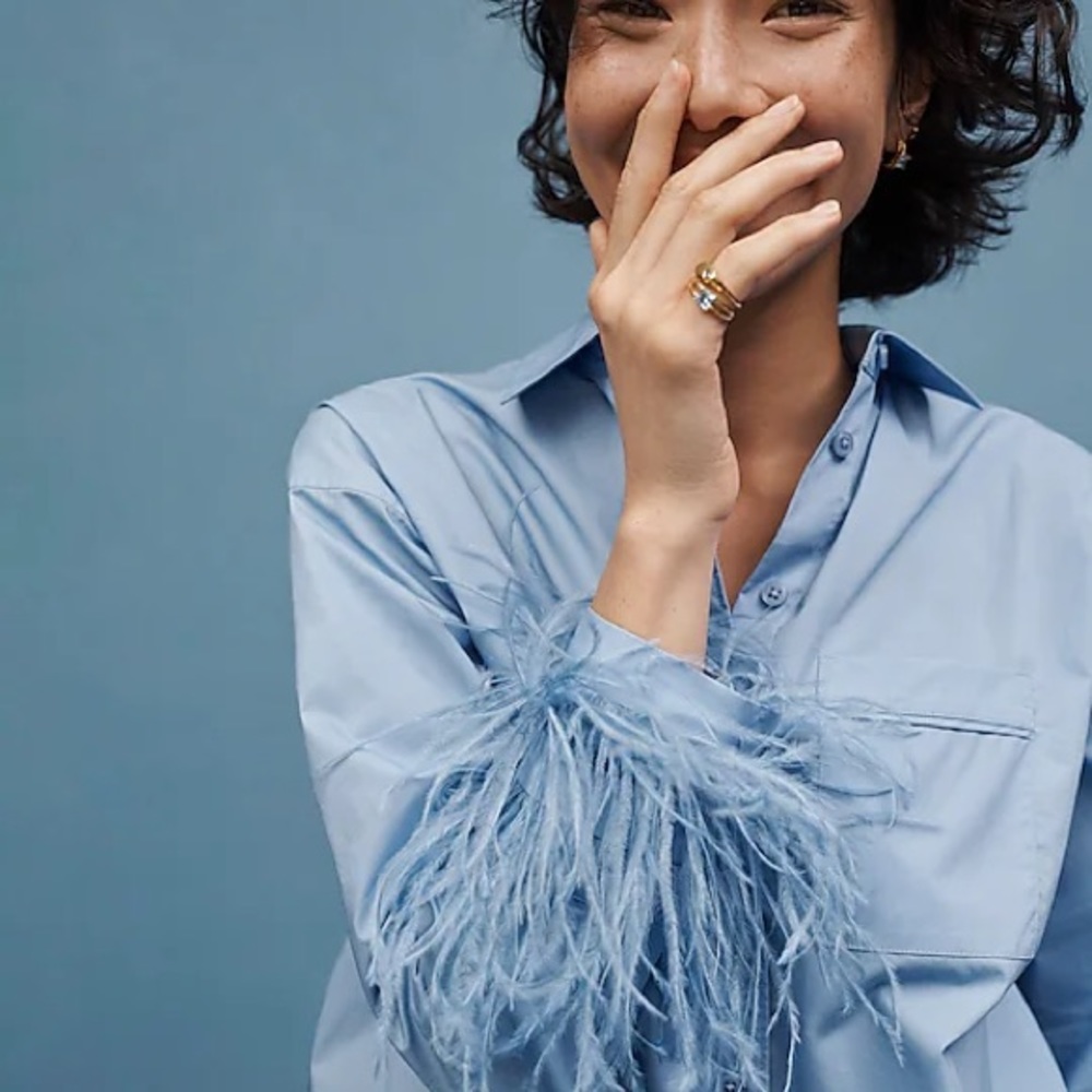 JCrew, Collection cotton poplin shirt with feather trim. NWT